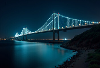 Fototapeta premium A long-exposure drone shot of a massive suspension bridge at night.
