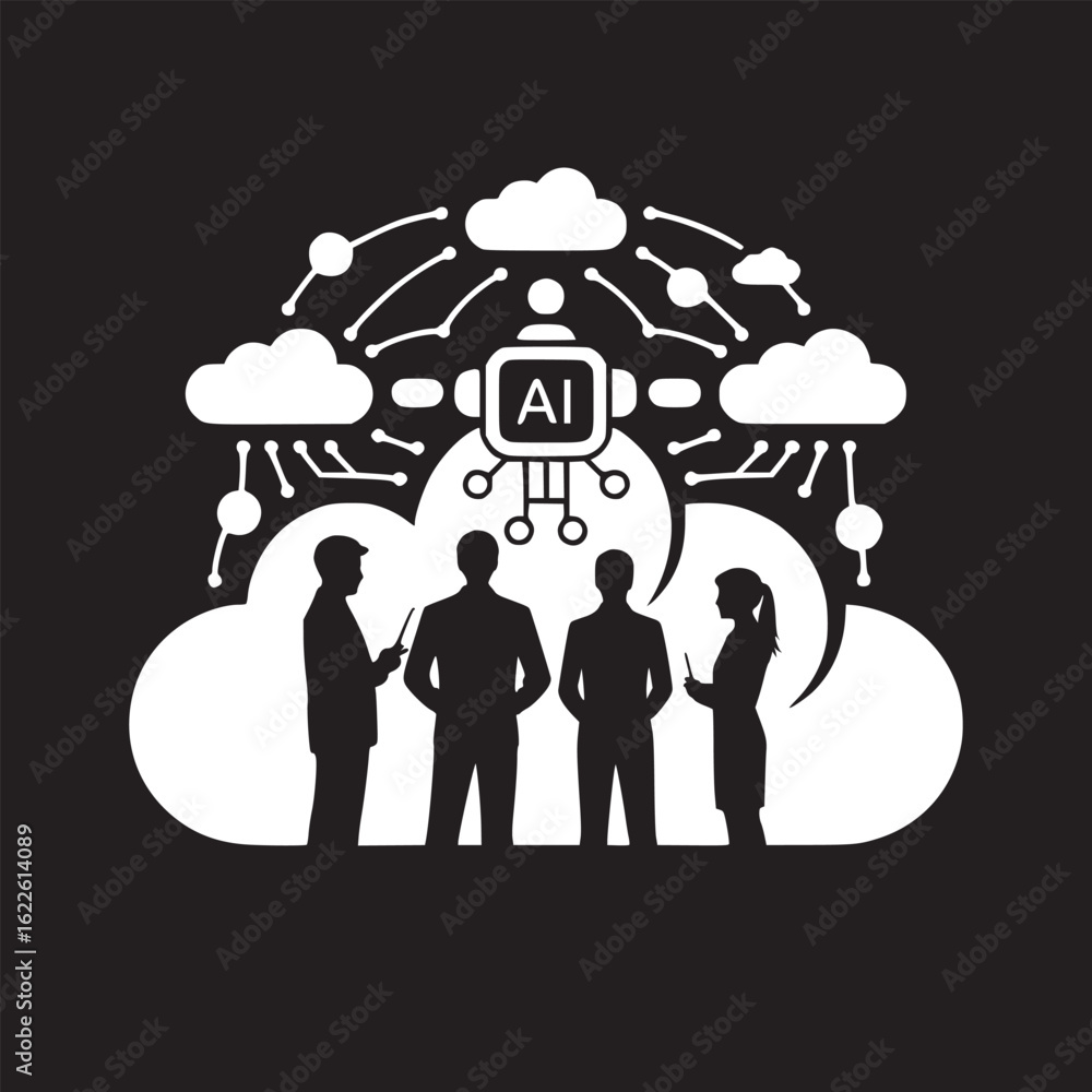 Poster silhouette of a group of people standing under an ai symbol connected to cloud computing network