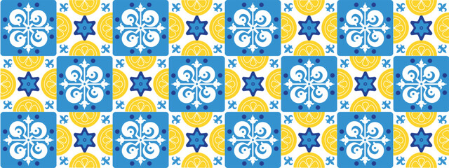 Seamless Amalfi Mediterranean tile pattern with blue, yellow, and white ceramic motifs. Traditional Portuguese and Spanish designs. Ideal for decor, packaging, backgrounds, and summer-themed projects.