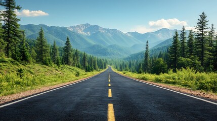 Fototapeta premium Scenic highway winding through a lush mountain valley.