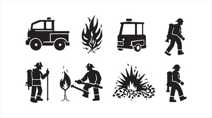 A collection of black firefighter icons in vector format on a white background

