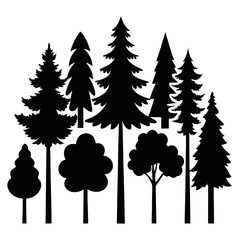 Obraz premium Group of nine mixed forest tree silhouettes isolated on white background