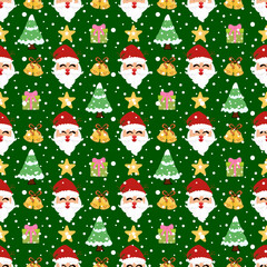 merry christmas tree santa claus stocking heart snowflake bell reindeer holly red green white celebrate festival december seamless pattern vector illustration