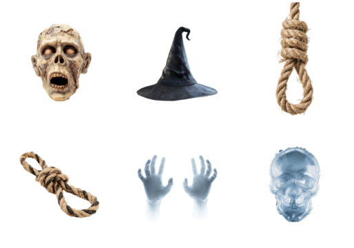 Zombie head witch hat noose and skull isolated on a transparent background