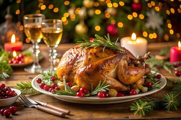 A beautifully roasted turkey centerpiece, adorned with fresh rosemary and cranberries, sits on a festive christmas dinner table, illuminated by warm candlelight and bokeh lights