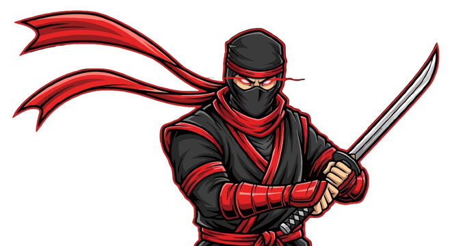 A fierce ninja warrior character in black and red uniform, wielding a katana sword with glowing red eyes.