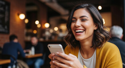 young woman texting on mobile phone in cafe