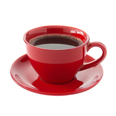 Red ceramic coffee cup filled with dark coffee on a matching saucer