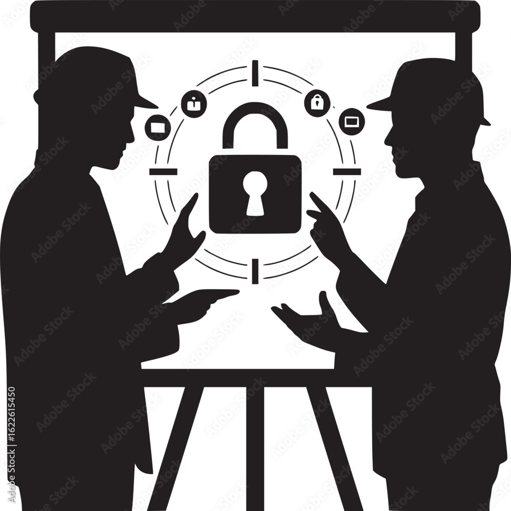 Aufkleber two silhouetted figures discuss security in front of a whiteboard with a lock and icons around it