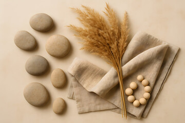 Zen Still Life Arrangement with Stones, Pampas Grass, Linen Cloth and Wooden Beads for Tranquil Aesthetic
