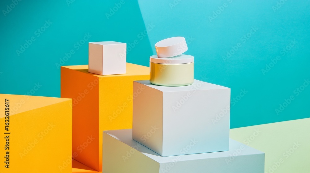 Poster geometric product pedestal with cream container and yellow blocks modern branding display concept cl