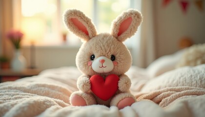 Adorable Soft Bunny Holding Heart on Cozy Bedspread in Room