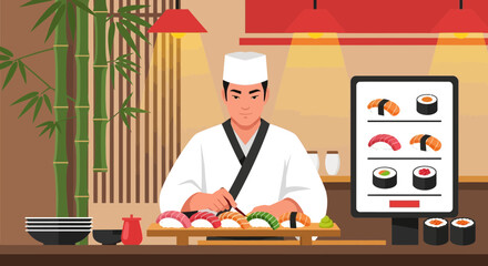 Skilled Chef Carefully Preparing Sushi In Authentic Asian Restaurant