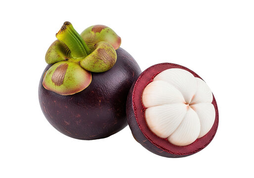 Juicy mangosteen fruit sliced open revealing pristine white segments, a taste of tropical paradise