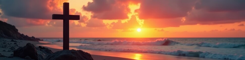 Obraz premium Dark wooden cross standing on beach at sunset, ocean view, landscape, spiritual, scenic