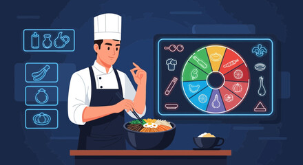 Chef Preparing Gourmet Dish Using Smart Technology Interface