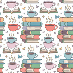 Obraz premium Books and Coffee Seamless Pattern 