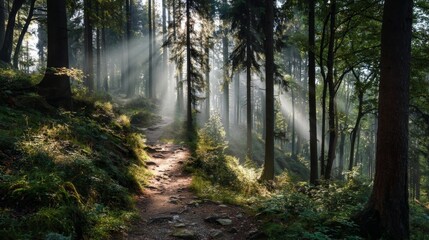 Obraz premium Serene Forest Trail with Sunlight Rays Filtering Through Tall Trees and Lush Greenery