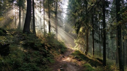 Obraz premium Sunlight Rays Filtering Through Trees on a Serene Forest Trail Enhancing Nature's Beauty and Peaceful Atmosphere