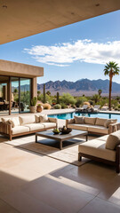 Fototapeta premium A stunning desert villa patio features a pool, outdoor sofas, and a view of mountains under a clear blue sky. Generative AI.