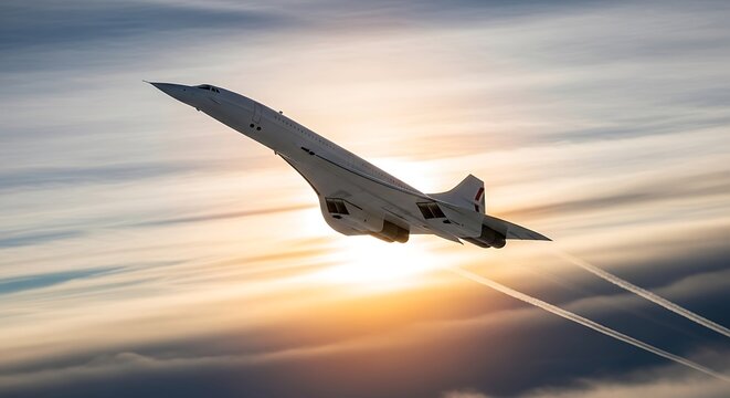 A concorde soars through the sky at sunset, leaving vapor trails