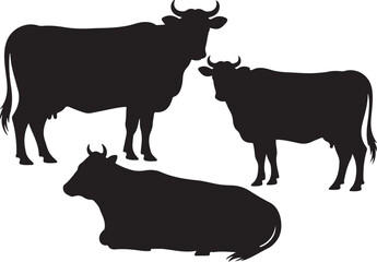 Black and White Cow Silhouette Illustration with Three Poses