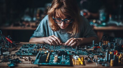 Focused young woman meticulously assembling complex electronics circuit board with tools and components