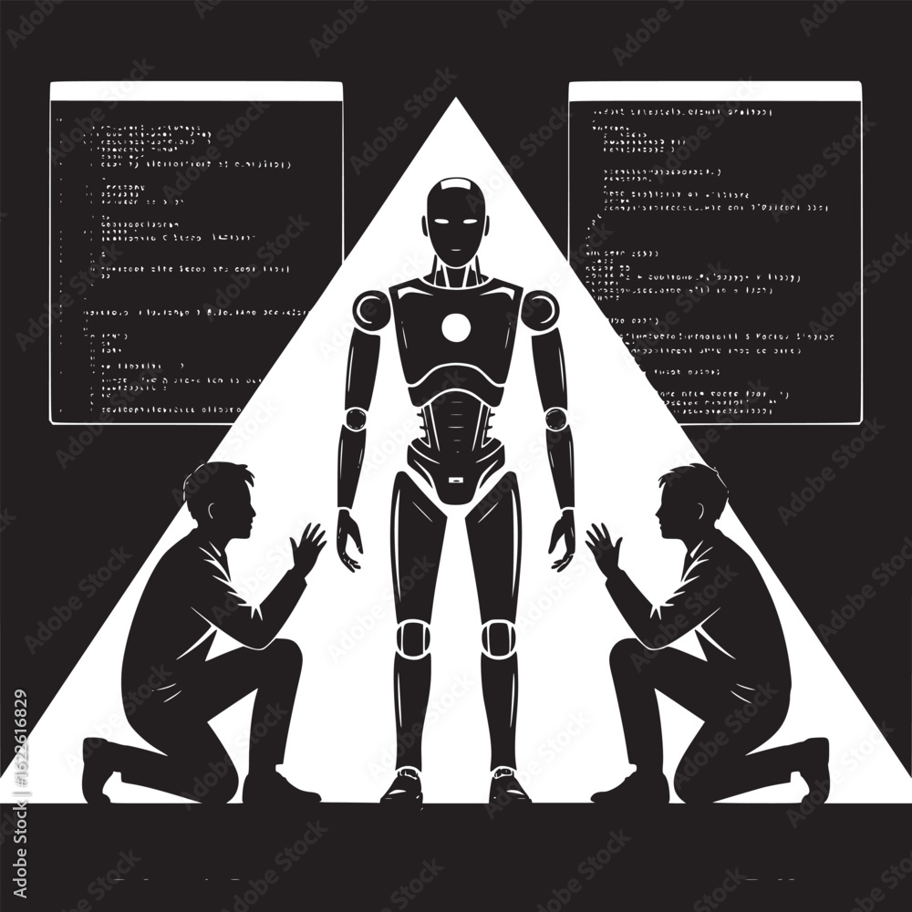 Poster a robot standing between two kneeling figures with code screens in a black and white design