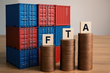 Fototapeta premium Global Trade Agreement Impacts Shipping Industry, with shipping containers and coin stacks symbolizing financial gains and economic development.
