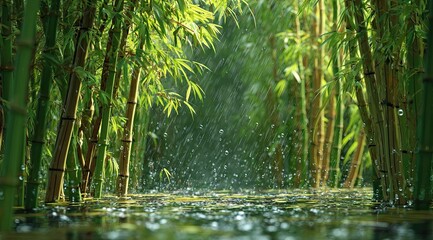 Lush bamboo forest in a light rain shower