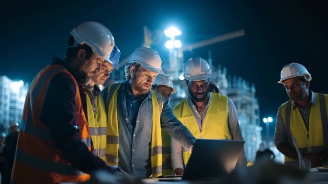 Construction crew consult planning documents during night work under safety lights showing teamwork, industry and supervisory coordination