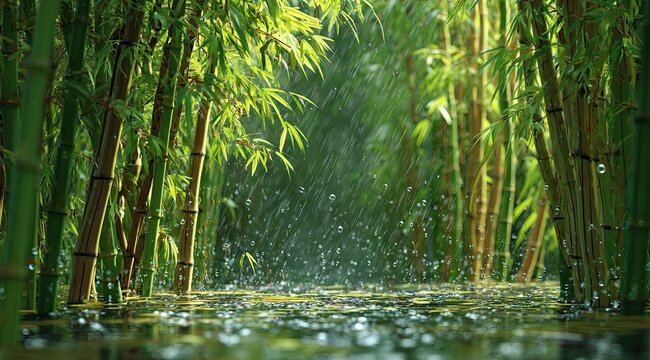 Lush bamboo forest in a light rain shower