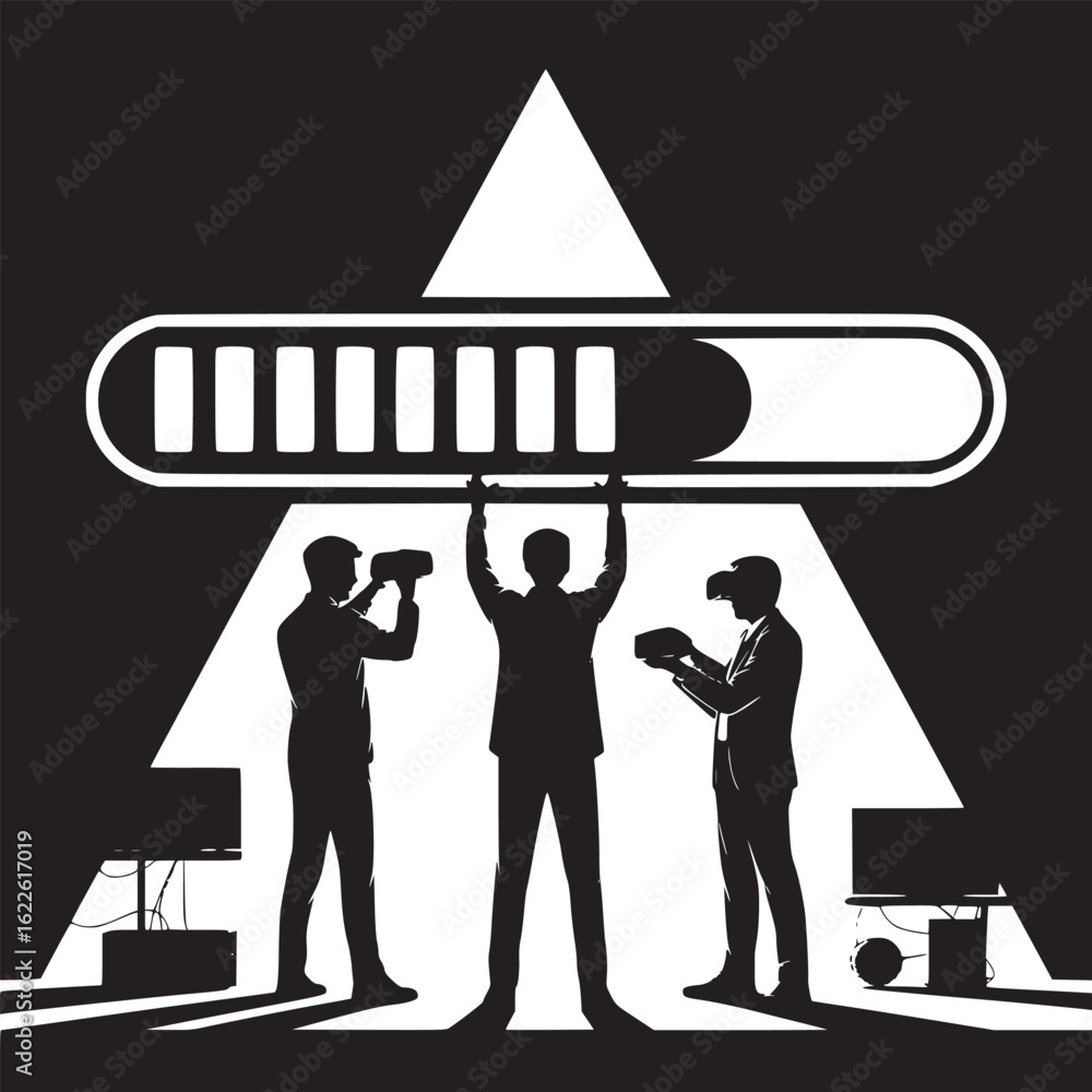 Poster three silhouettes with vr headsets under a loading bar and triangle in black and white design