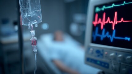 Medical IV Drip Installation with Heart Monitor in a Hospital Setting for Patient Care and Monitoring