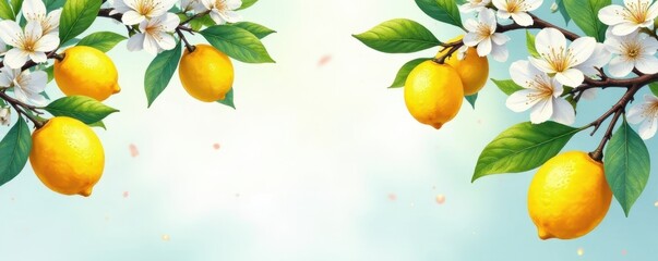 Hand-drawn lemon tree branches overflowing with blossoms and ripe lemons , hand drawn, design element