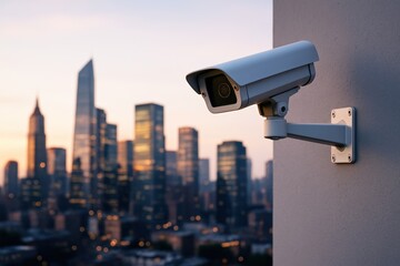 Security Camera Overlooks Urban Cityscape at Dusk offers watchful surveillance during golden hour, promising peace of mind over the bustling metropolis.
