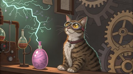 Tabby cat wearing goggles observes steampunk style laboratory equipment and electrical discharge