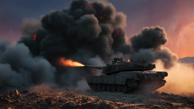 A military tank fires from smoky battlefield at sunset showing armored conflict, firepower and dramatic war scene in action