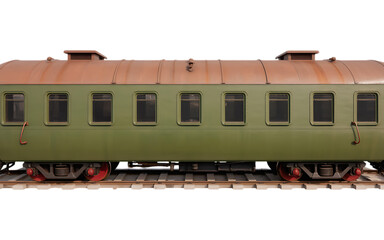 Fototapeta premium Side view of a vintage green passenger train carriage on railway tracks. Evokes nostalgia, travel, and history.