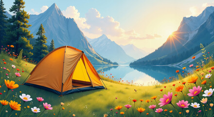Orange camping tent by mountain lake at sunset. Perfect outdoor adventure scene for travel, recreation and wilderness lifestyle content.