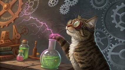 Tabby cat wearing goggles conducts a science experiment with glowing liquid and steampunk style equipment
