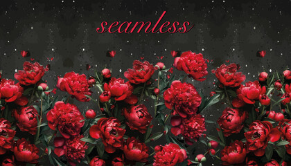 Seamless vector pattern of peonies. For printing on textiles, clothing, postcards. Beautiful red peonies on a gray background.