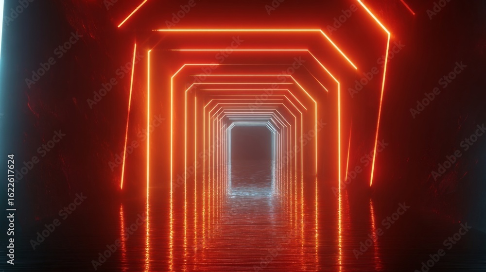 Poster futuristic neon tunnel with glitch effects in an endless loop of light and color