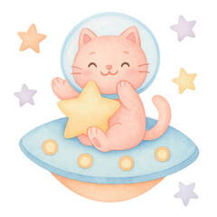 Pastel Space Cat in UFO – Watercolor Nursery Clipart