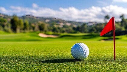Golf ball rests on green grass near red flag on golf course. Rich trees, rolling hills, sand traps create idyllic summer landscape