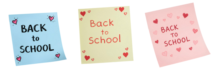 colorful Back to school written on a piece of paper for school concepts top view flay lay set PNG. Back to school message text on note and paper for classroom isolated
