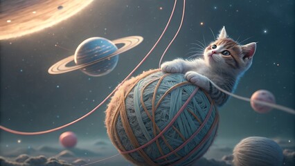 Kitten on a yarn ball amidst planets and stars A digital art illustration featuring a cute kitten