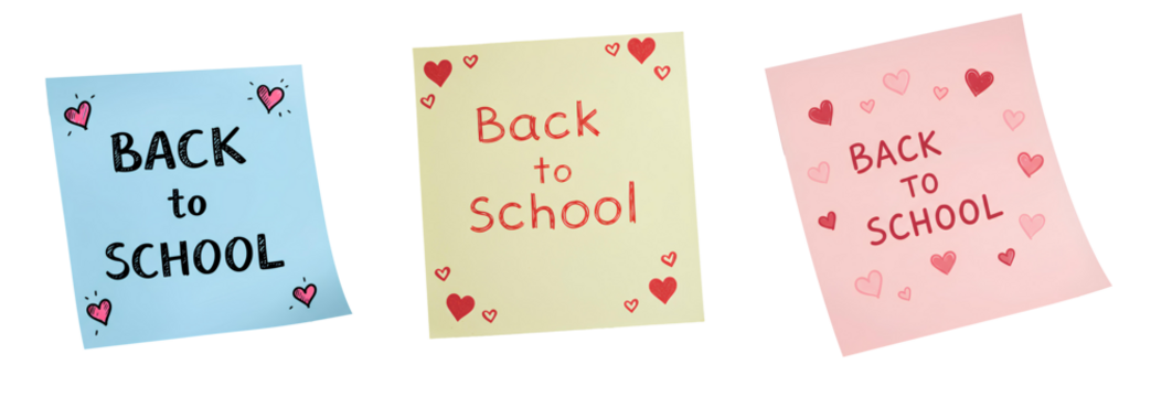colorful Back to school written on a piece of paper for school concepts top view flay lay set PNG. Back to school message text on note and paper for classroom isolated