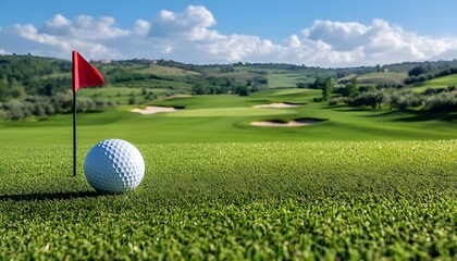 Golf ball rests on green grass near red flag on golf course. Rich trees, rolling hills, sand traps create idyllic summer landscape