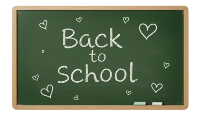 Back to school blackboard PNG. Blackboard with handwritten back to school text for classroom and school concept. Back to school in white chalk on chalkboard top view flat lay PNG